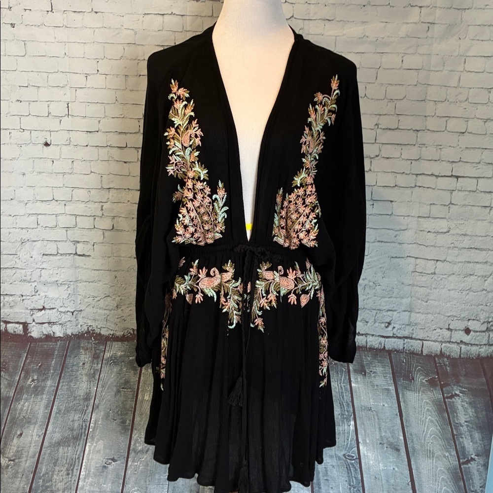 Free People Pretty Pineapple V Tunic Dress Embroidery  Drawstring S Hippie Boho - Picture 5 of 16
